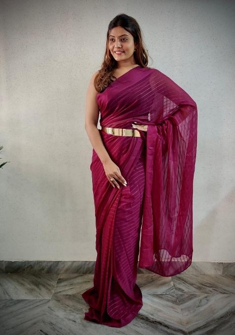 Wine Embroidered viscose Saree Set