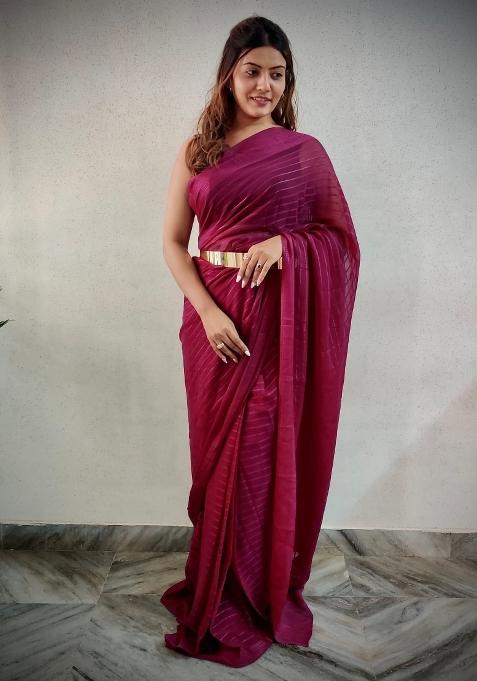 Wine Embroidered viscose Saree Set
