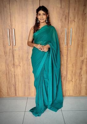 Green Embroidered viscose Saree Set