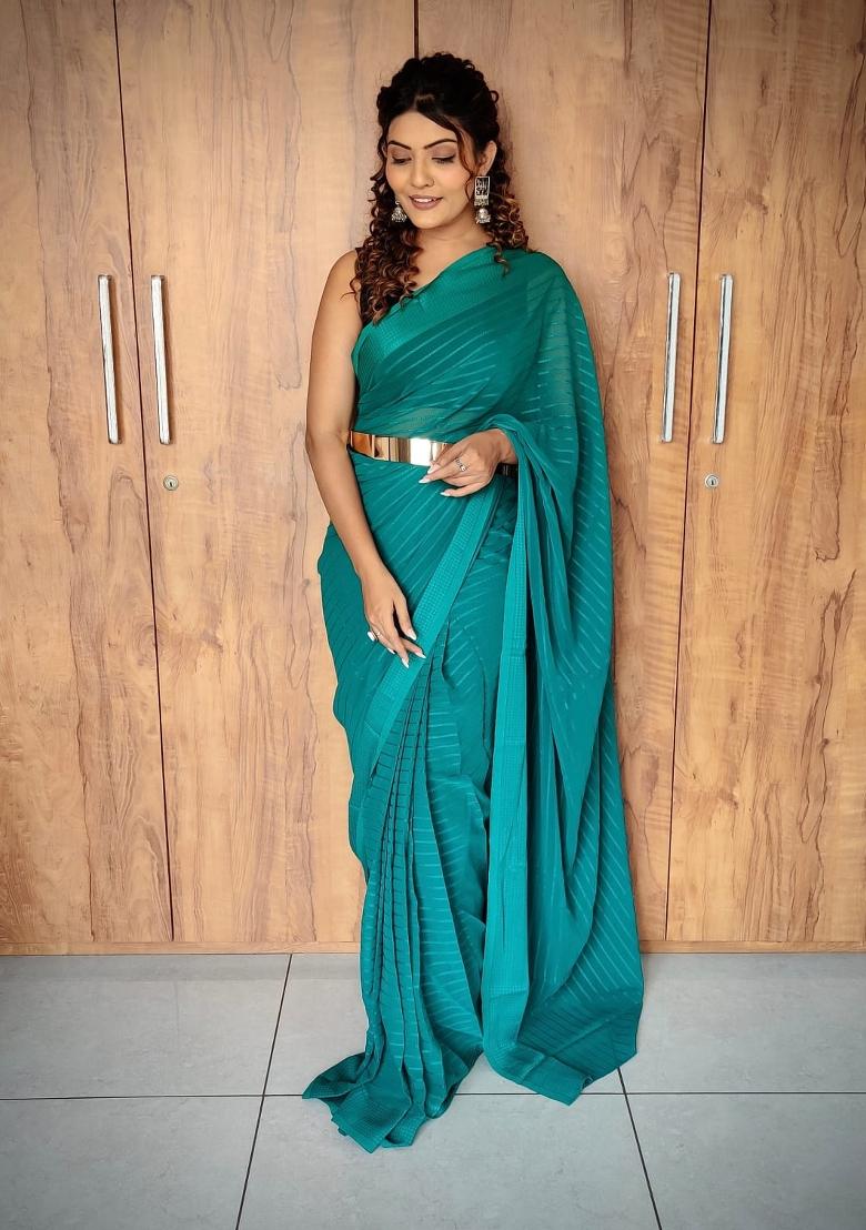 Green Embroidered viscose Saree Set