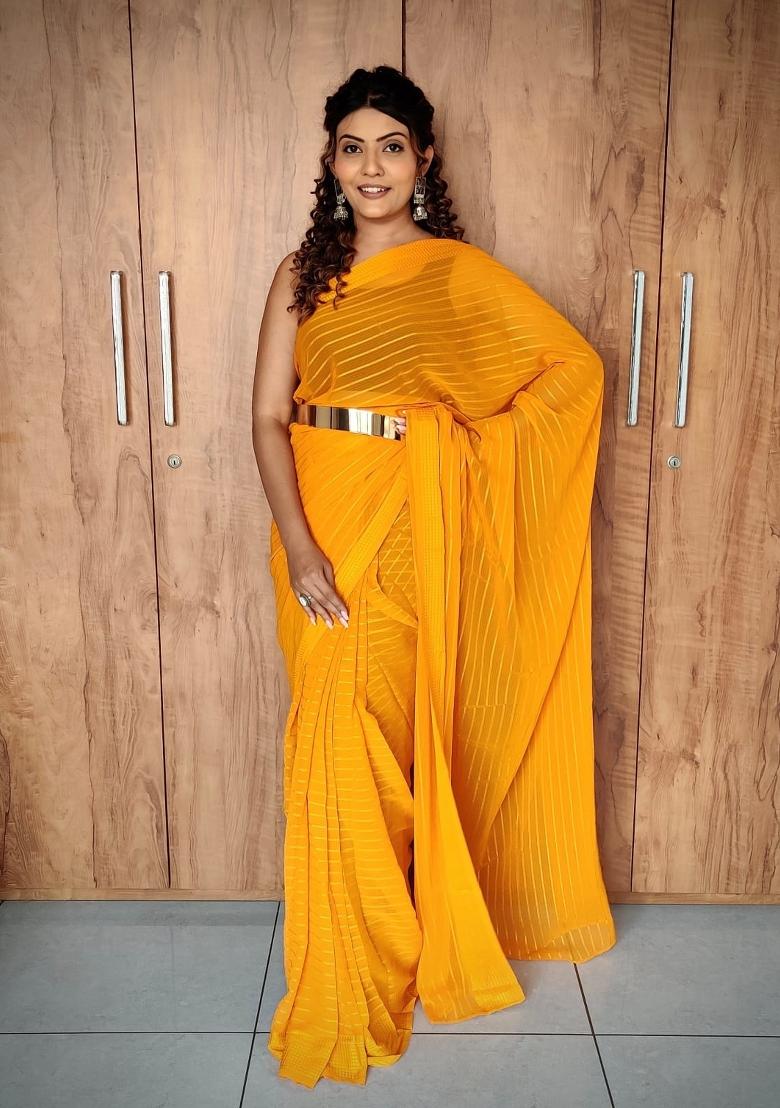 Yellow Embroidered viscose Saree Set