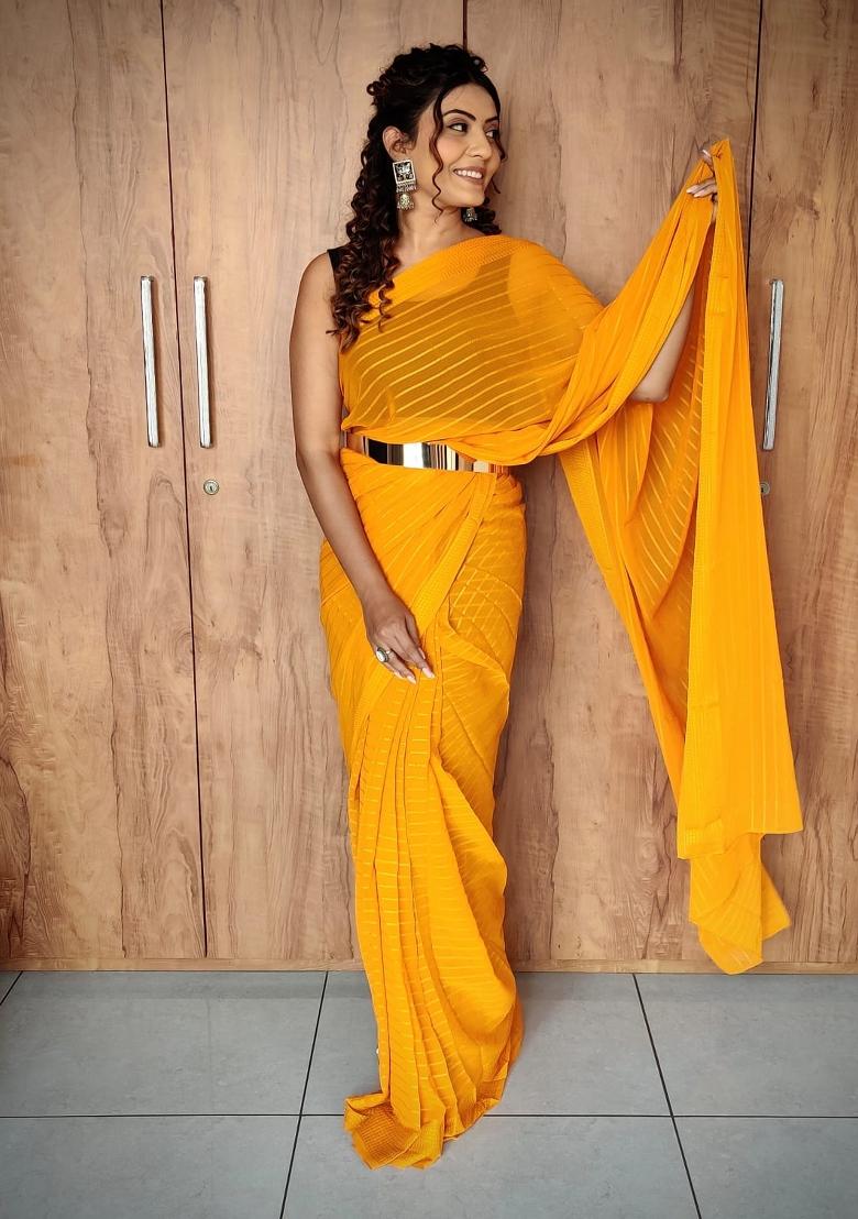 Yellow Embroidered viscose Saree Set
