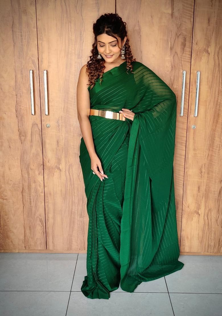 Green Embroidered viscose Saree Set