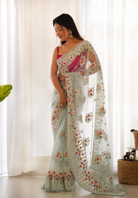 Blue Embroidered Net Saree Set