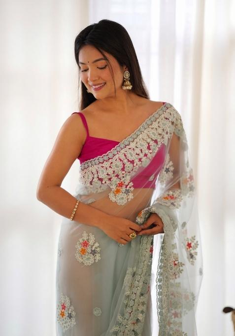 Blue Embroidered Net Saree Set