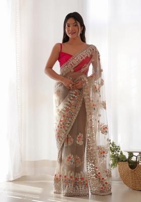 Beige Embroidered Net Saree Set