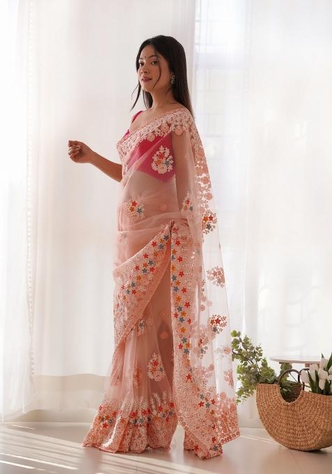 Peach Embroidered Net Saree Set