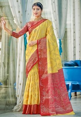 Yellow Embroidered Cotton Saree Set