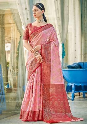 Pink Embroidered Cotton Saree Set