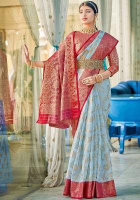 Blue Embroidered Cotton Saree Set