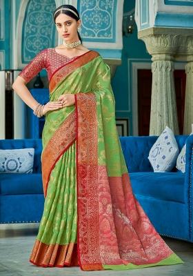 Green Embroidered Cotton Saree Set