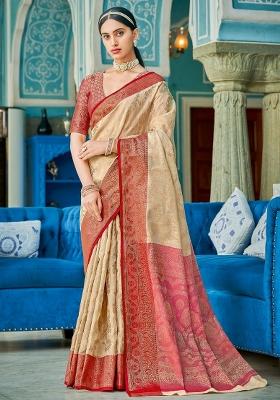Beige Embroidered Cotton Saree Set