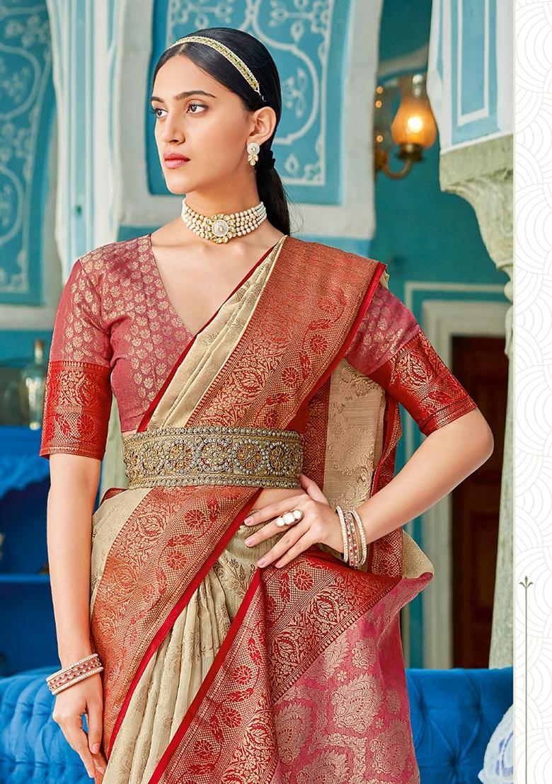 Beige Embroidered Cotton Saree Set - Indya