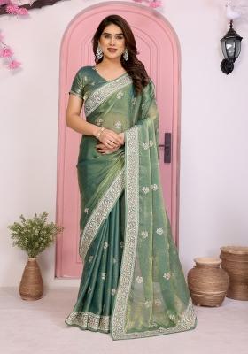 Green Embroidered Chiffon Saree Set