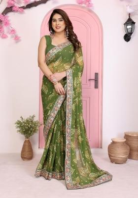 Green Embroidered faux georgette Saree Set