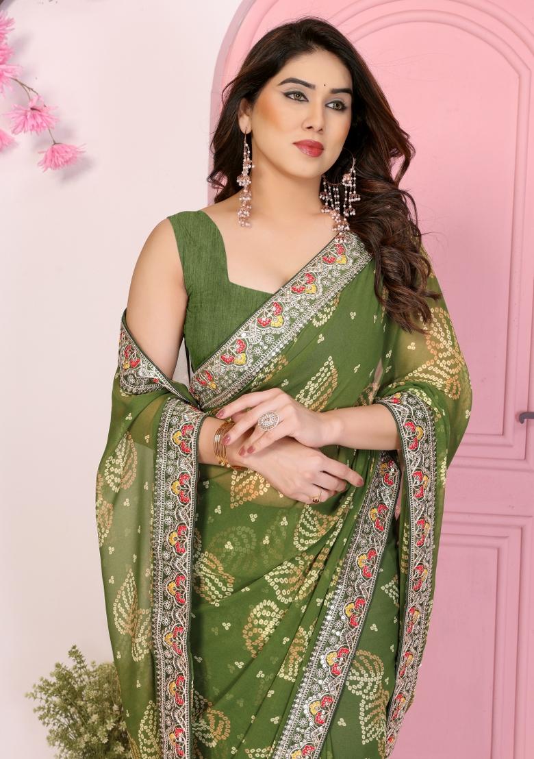 Green Embroidered faux georgette Saree Set - Indya