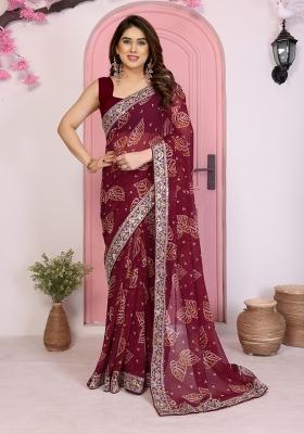 Wine Embroidered faux georgette Saree Set