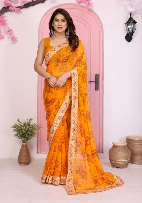 Orange Embroidered faux georgette Saree Set