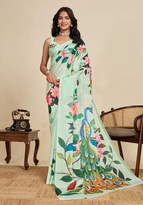 Green Printed Chiffon Saree Set