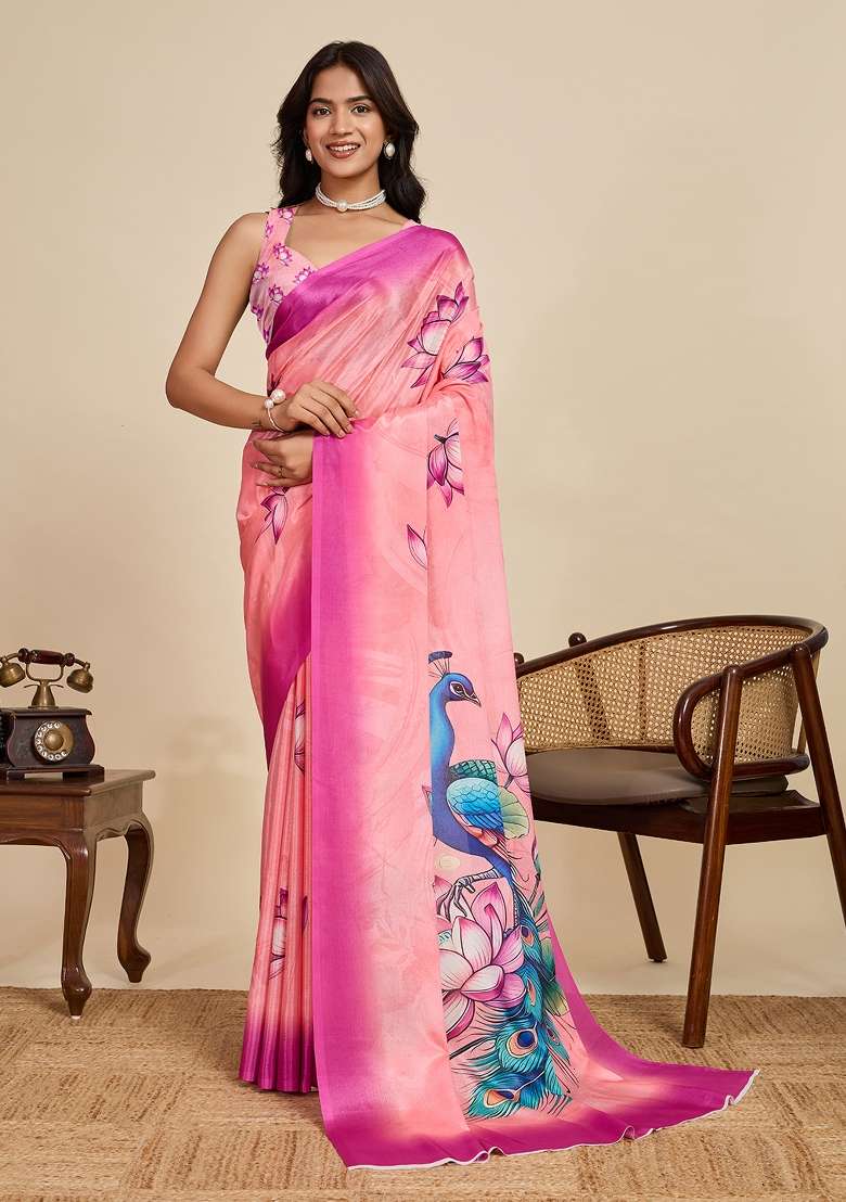 Peach Chiffon Saree Set with Printed for Diwali | Wedding & Festive Wear - Indya