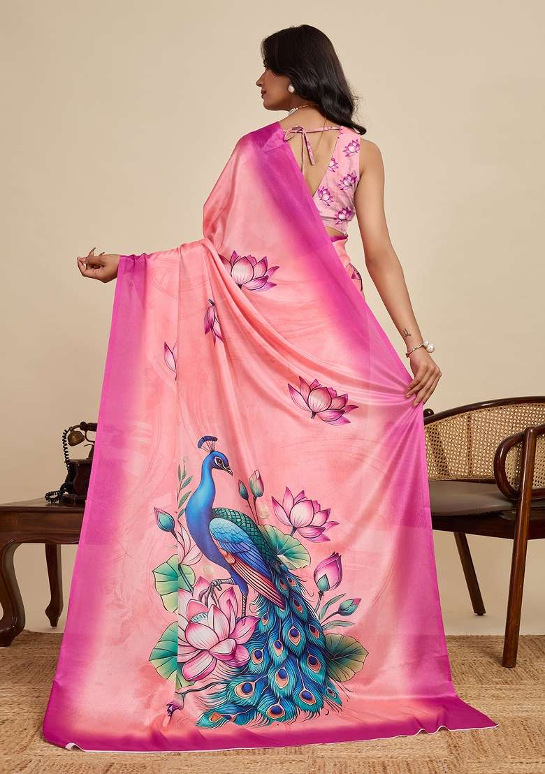 Peach Chiffon Saree Set with Printed for Diwali | Wedding & Festive Wear - Indya