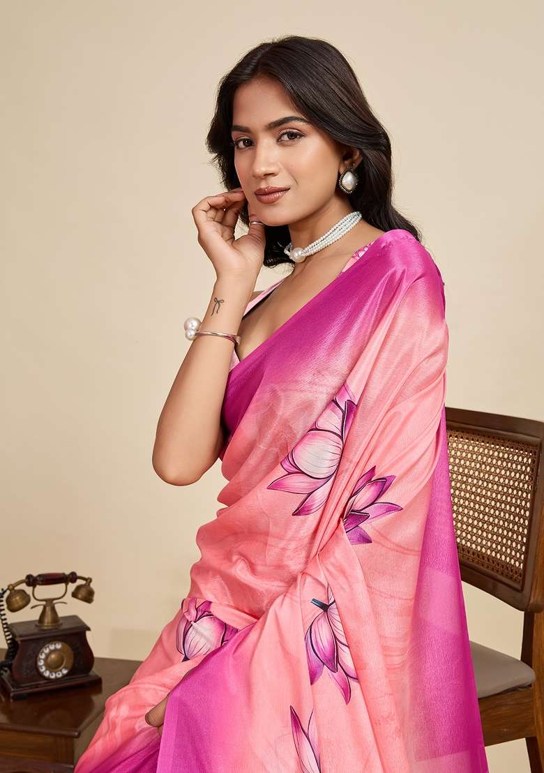 Peach Chiffon Saree Set with Printed for Diwali | Wedding & Festive Wear - Indya