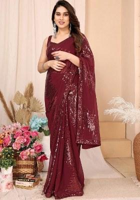 Maroon Embroidered Georgette Saree Set