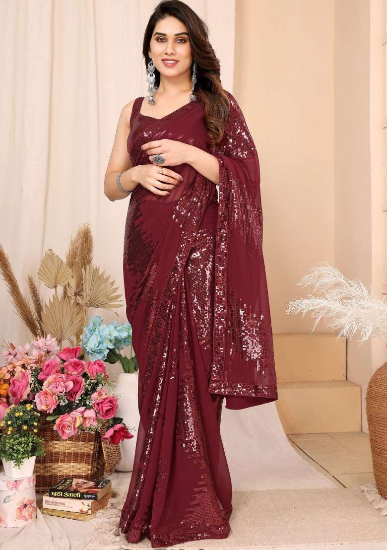 Maroon Embroidered Georgette Saree Set - Indya