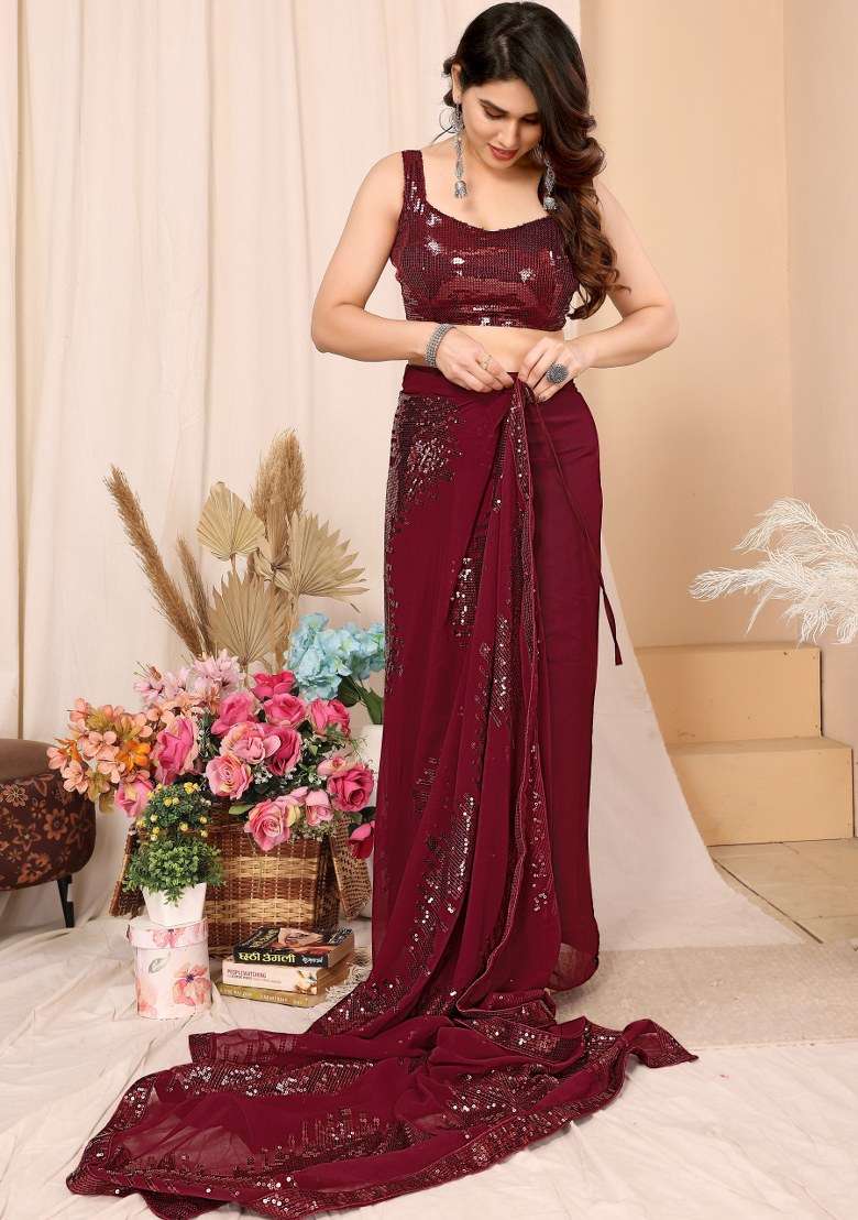 Maroon Embroidered Georgette Saree Set - Indya