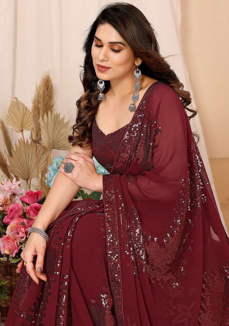 Maroon Embroidered Georgette Saree Set - Indya