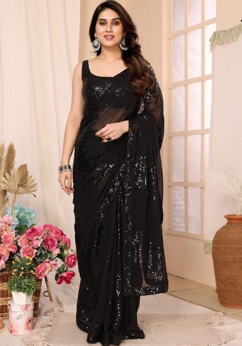 Black Embroidered Georgette Saree Set