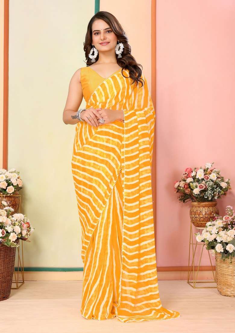 Yellow Printed Georgette Saree Set - Indya