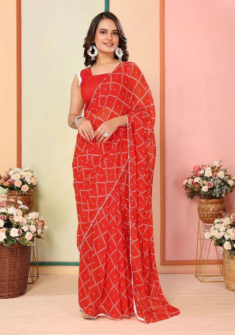 Red Printed Georgette Saree Set - Indya
