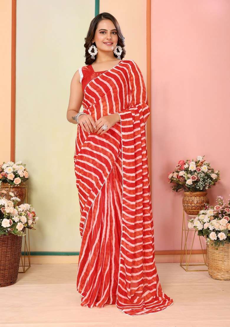 Red Printed Georgette Saree Set - Indya