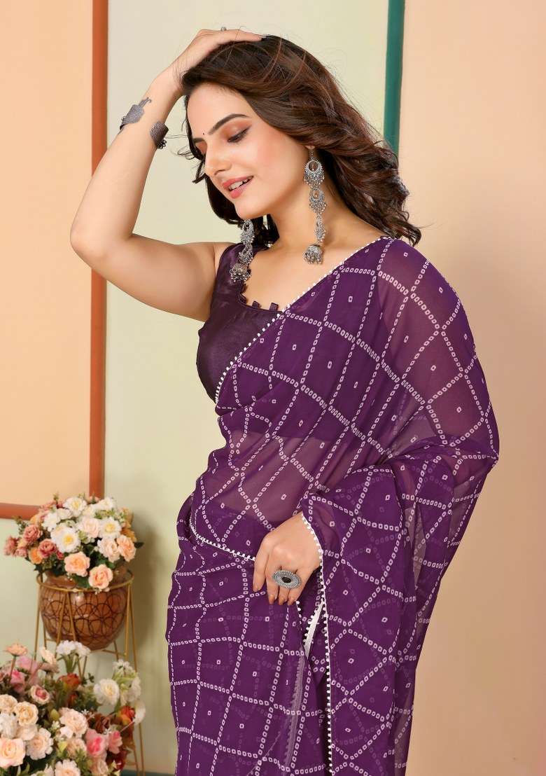 Purple Printed Georgette Saree Set - Indya