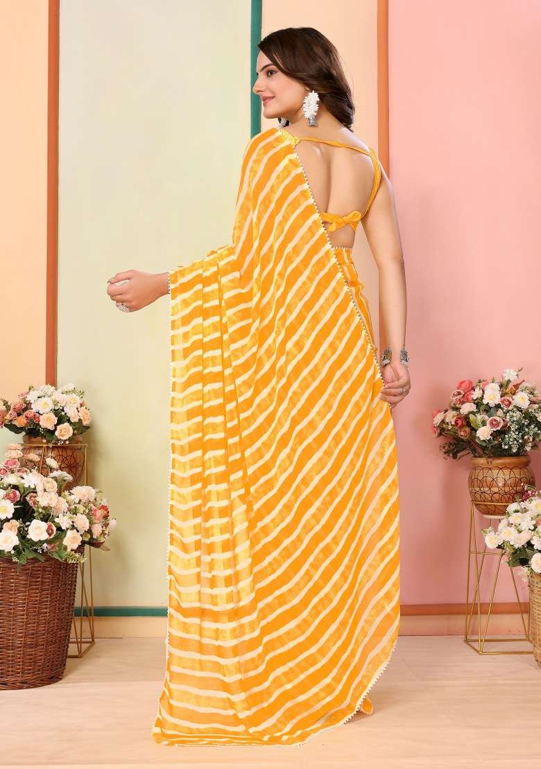 Yellow Printed Georgette Saree Set - Indya