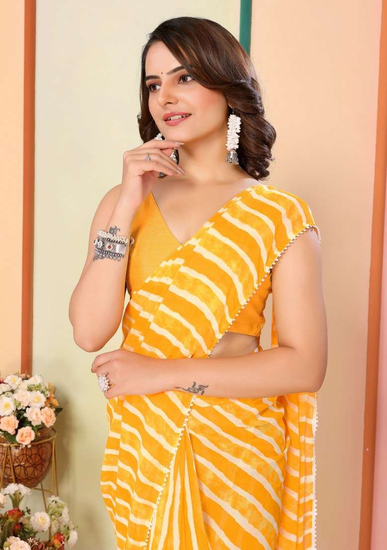 Yellow Printed Georgette Saree Set - Indya