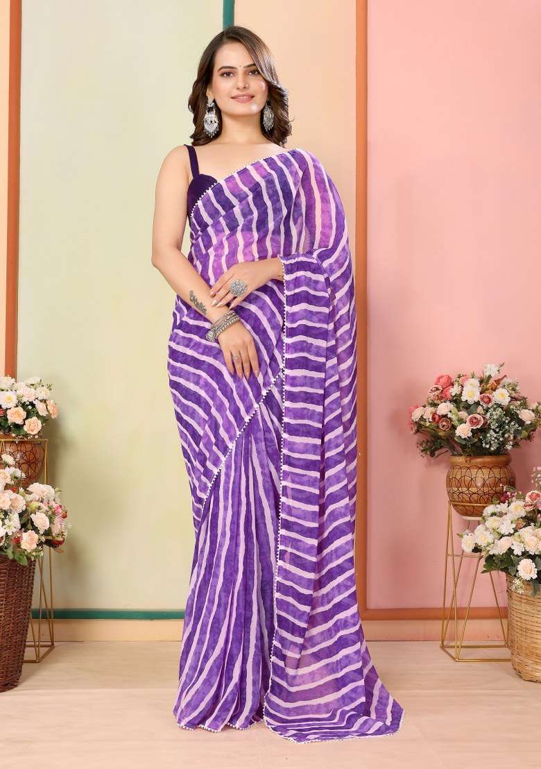 Purple Printed Georgette Saree Set - Indya