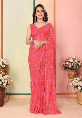 Red Printed Georgette Saree Set