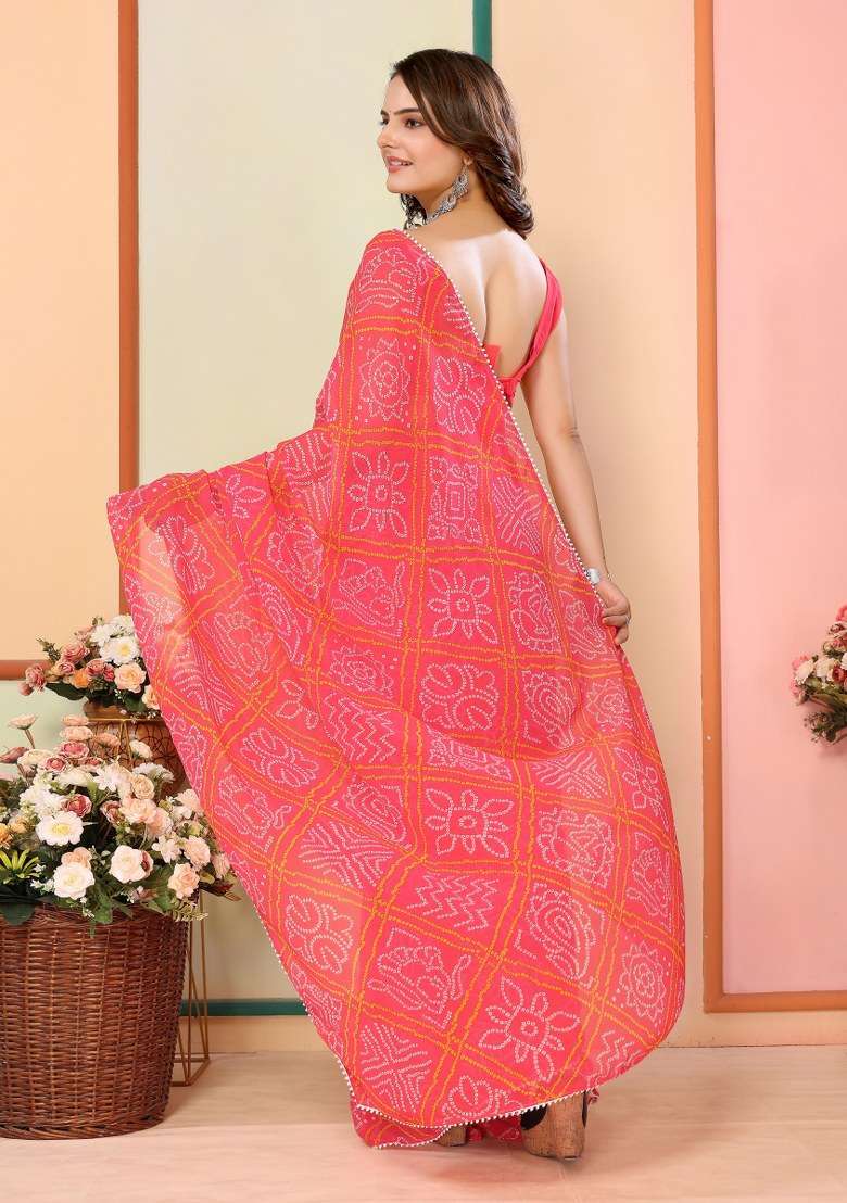 Red Printed Georgette Saree Set - Indya