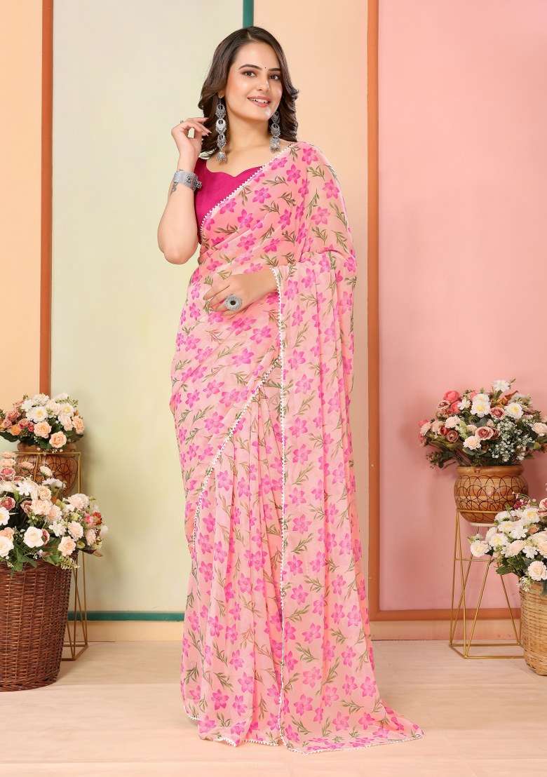 Pink Printed Georgette Saree Set - Indya