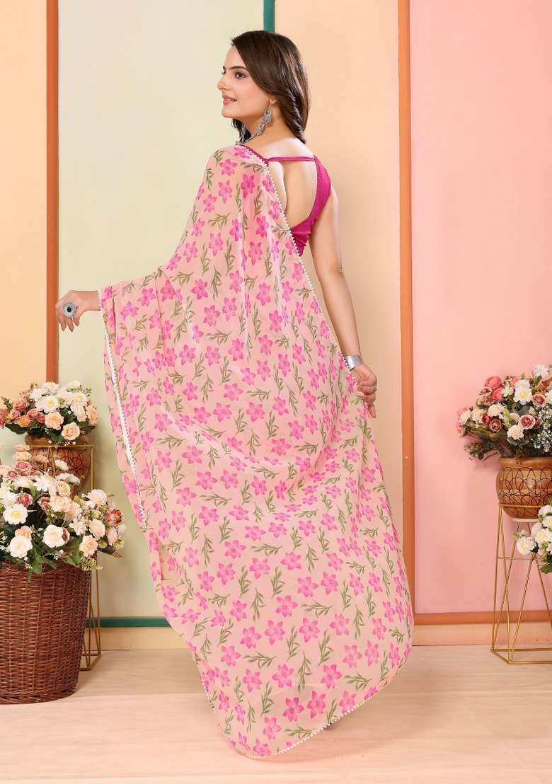 Pink Printed Georgette Saree Set - Indya