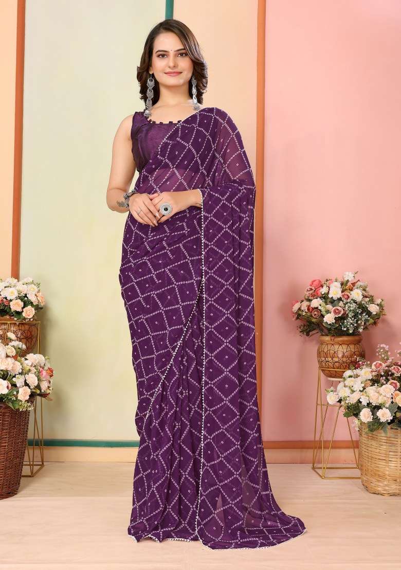 Purple Printed Georgette Saree Set - Indya