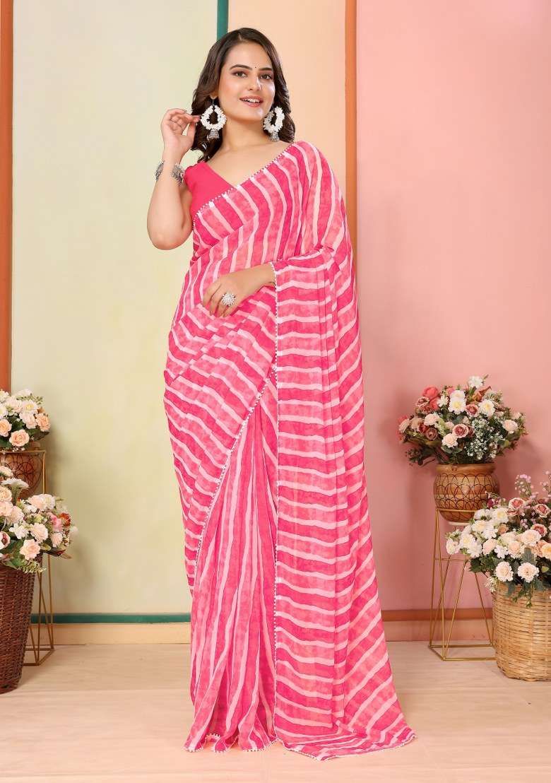 Pink Printed Georgette Saree Set - Indya