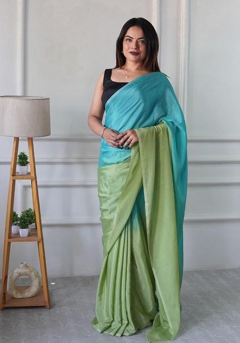 Green Embroidered Chinon Saree Set