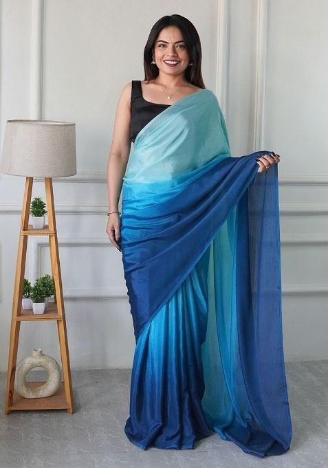 Blue Embroidered Chinon Saree Set