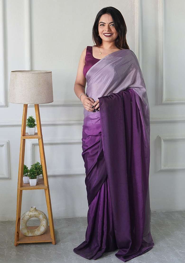 Purple Embroidered Chinon Saree Set - Indya