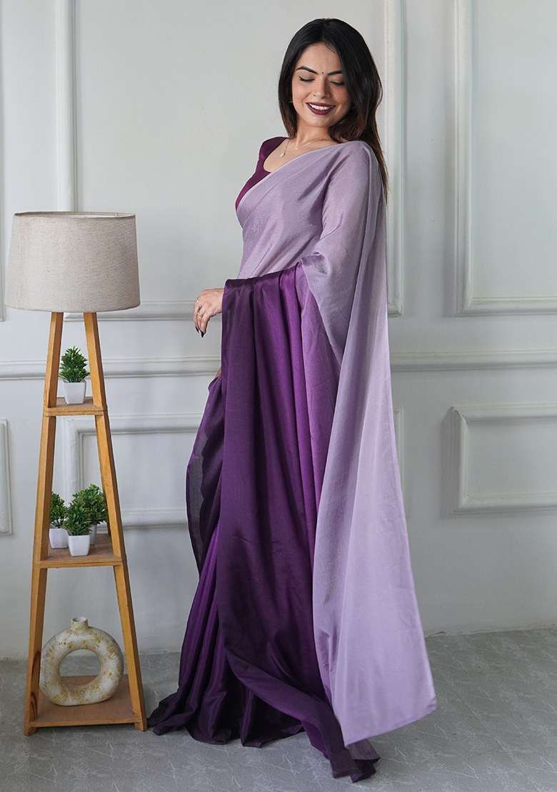 Purple Embroidered Chinon Saree Set - Indya