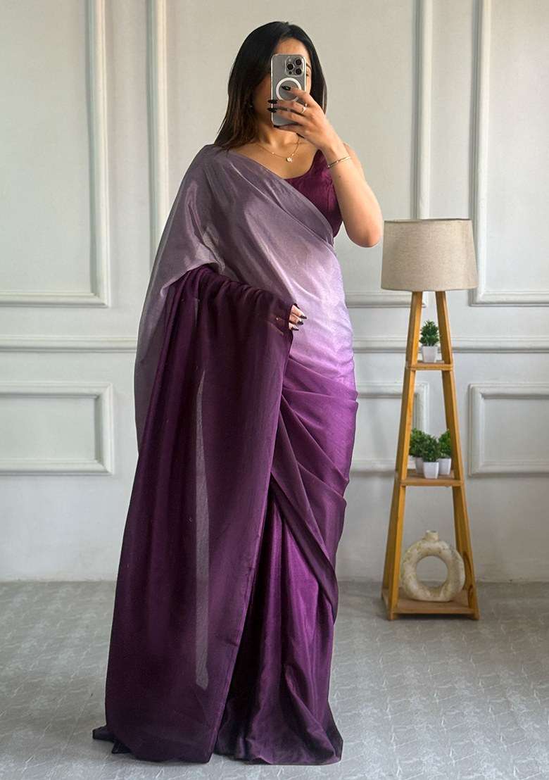 Purple Embroidered Chinon Saree Set - Indya
