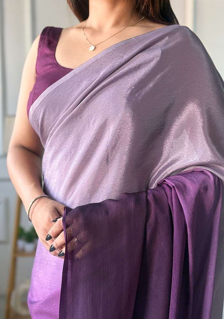 Purple Embroidered Chinon Saree Set - Indya